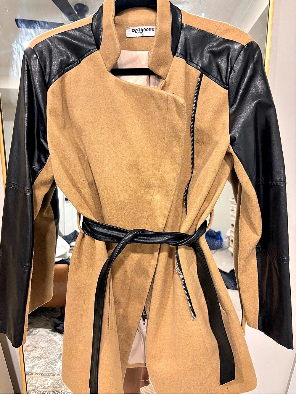Color Block Moto Jacket in Brown and Leather Black